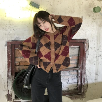 2Colors 2020 el otoño y el invierno al estilo coreano o el cuello knittd cardigans de la mujer suelta a cuadros Vintage suéteres cardigan mujer(C9908)