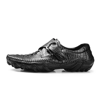 Mens Casual Zapatos de Cuero Genuino de los Hombres de Cocodrilo con Hebilla de Zapatillas de deporte de Conducción de Café Suave Diario de Guisantes Zapatos negro 2020