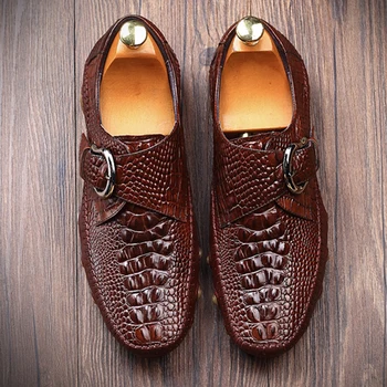 Mens Casual Zapatos de Cuero Genuino de los Hombres de Cocodrilo con Hebilla de Zapatillas de deporte de Conducción de Café Suave Diario de Guisantes Zapatos negro 2020