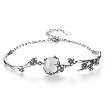 925 de la plata esterlina de la moda retro estilo de la flor del Ciruelo de flor de piedra de ópalo damas'bracelets de la joyería femenina pulsera de regalo barato