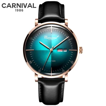 2020 de la Moda MIYOTA Automático Reloj de los hombres de Lujo de la marca de CARNAVAL de Zafiro Reloj Mecánico Doble Calendario Impermeable Correa de Cuero