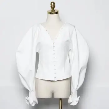 GETSRING las Mujeres Blusa Camisa Vintage V Cuello de la Mujer Blusas Blancas de la Colmena de Blusas linterna de la Mujer Camisetas Mujer Top 2020 niñas blusas