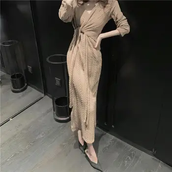 Elegante Vestido de las Mujeres Casual Diseñador de Split Retro Vestido Sólido Delgado Sexy de corea Noche Vestido Midi 2020 Otoño de Ropa de Mujer