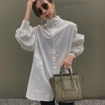 Blusa Blanca Camisa De Corea 2020 Otoño Otoño Linterna De Manga Larga Tops De Las Señoras De La Oficina Estilo Coreano De Gran Tamaño De Alta Cuello De La Blusa De La Mujer