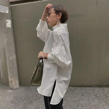 Blusa Blanca Camisa De Corea 2020 Otoño Otoño Linterna De Manga Larga Tops De Las Señoras De La Oficina Estilo Coreano De Gran Tamaño De Alta Cuello De La Blusa De La Mujer