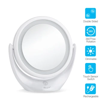 Luz Led Espejo de aumento Sensor Interruptor de Espejo de Maquillaje Touch Dual-lado 1X y 5X, 360 Giratorio USB recargable Aparador Espejo
