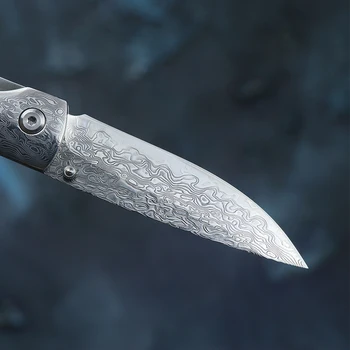 Hoja de acero de damasco cuchillo plegable natural asta asa bolsillo camping cuchillo de supervivencia de la caza de las tácticas de la EDC herramienta