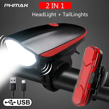 PHMAX Bicicleta Luz Conjunto Impermeable de MTB de la Bicicleta Cuerno de Luz USB Recargable Solar del LED de los Faros de Advertencia de Seguridad de Ciclismo de la luz trasera