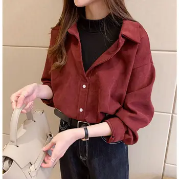 De pana Falso de Dos Piezas de la Camisa de Más el Tamaño de Ropa para Mujer Blusas Tops Vintage coreano de Invierno Rojo Sólido Amarillo Casual