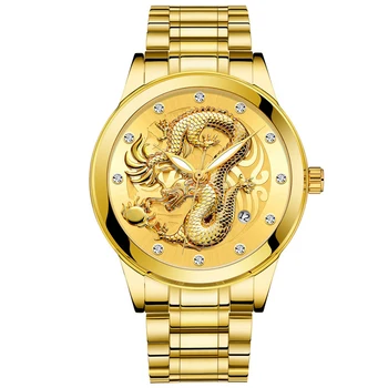 2020 De Negocios De Lujo Hombre Reloj De Acero Lleno Impermeable Reloj De Pulsera De Cuarzo Masculina Del Reloj De Moda En Relieve De Diamantes De Oro Del Dragón Relojes