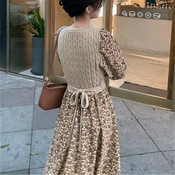 Kimutomo las Mujeres de la Vendimia de la Impresión Floral Vestido de Estilo francés O-cuello de Punto de Retazos de Cintura Delgada de Manga Larga Vestido Midi Elegante