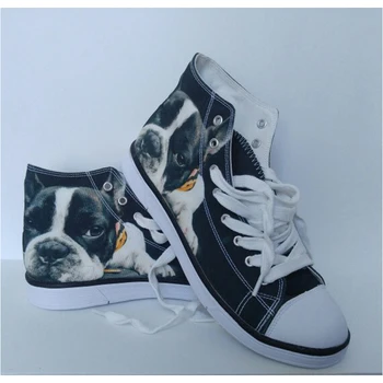 INSTANTARTS 2021 de la Moda de Alto-Top Zapatos de Lona para las Mujeres Lindo 3D Negro Bulldog francés Planos Damas Zapatos de cordones Vulcanizado Zapatos