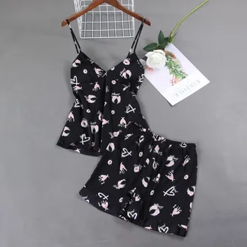 2020 las Mujeres Pijamas Conjuntos con pantalones Cortos Sexy de Satén con estampado de Flores de Verano de Pijama Nightsuits Pijamas para Mujeres con Cojín en el Pecho