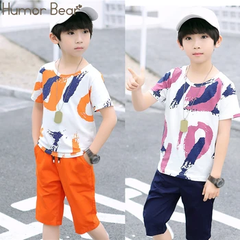 Humor Oso Conjunto de Ropa de Niños Ropa de Bebé Niño coreano de Verano Nueva Ropa de Niños Conjuntos de rayas de colores de la Camiseta +Pantalones 2Pcs Chicos de Traje