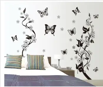 8pcs negro mariposas y flores de los árboles de la decoración de la pared de la etiqueta engomada transparente de PVC wall decal TV de Pantalla Vivir Decoración de la Habitación