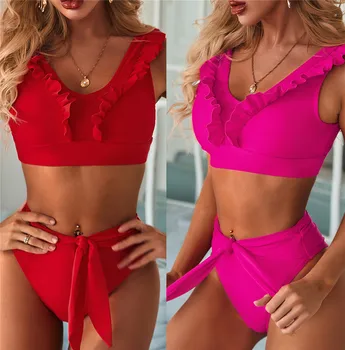 Melphieer Rojo Bikini de la Colmena de las Mujeres del Traje de baño de 2020 Crujir a Tope Bikinis set de Playa de Verano de trajes de baño de Encajes vendaje trajes de baño