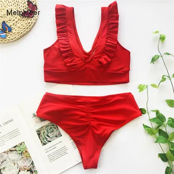 Melphieer Rojo Bikini de la Colmena de las Mujeres del Traje de baño de 2020 Crujir a Tope Bikinis set de Playa de Verano de trajes de baño de Encajes vendaje trajes de baño