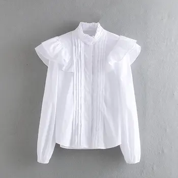 Elegante de algodón con volantes blusa Casual Sólido de manga larga mujer camisetas de 2021 Primavera verano de la colmena de señora de la oficina de la blusa
