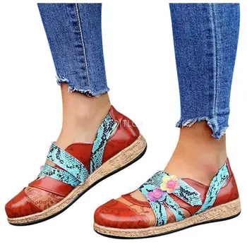 Nuevo Vintage Floral De Cuero Genuino De Empalme De Color Plana Zapatos De Primavera Verano Casual De Las Mujeres Planas De Nuevo Slip-En Los Zapatos Mujer