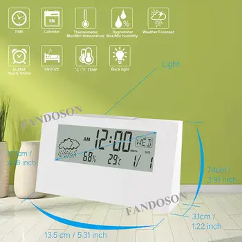 FANDSON NUEVA pantalla LCD Digital de Escritorio reloj despertador con Calendario y Temperatura Humedad condiciones Meteorológicas Moderno reloj de mesa