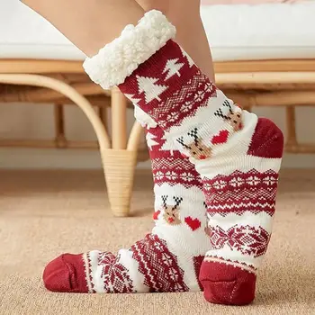 Otoño Invierno de las Mujeres Zapatillas de Casa Calcetines de Navidad de dibujos animados Elk Piso Calcetines de Terciopelo antideslizante Alfombra Esponjosa Calcetines Calientes