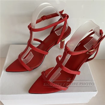 Sexy Corte de T-correa Sandalias de Gladiador de Mujeres Clara Individual barra de labios Talón de Cuero Genuino 2020 Verano Zapatos de Tacón de Mujer