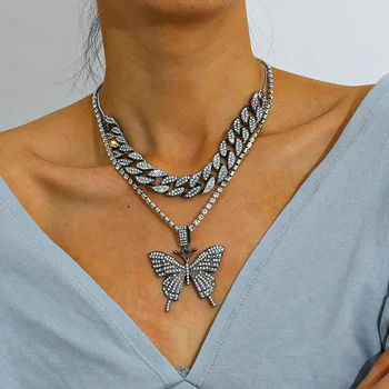 La moda Retro de hip hop Cubano cadena de vínculo de la gran mariposa Colgante de collar para las mujeres de Cristal Gargantilla Collares de la Joyería chica
