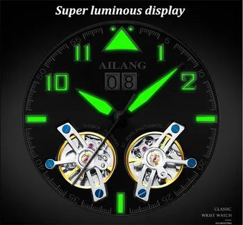 Automático Reloj Mecánico de los Hombres de Doble Tourbillon Pantalla Luminosa Impermeable de Cuero de los Hombres de Negocios DEL Reloj erkek kol saati