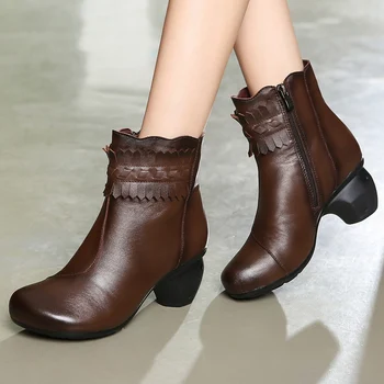 GKTINOO Invierno botines Botas de las Mujeres de la Vendimia del Cuero Genuino zapatos de Tacón Alto de los Zapatos de Dedo del pie Redondo Zapatillas de Moda de las Señoras Botas de Tobillo para las Mujeres