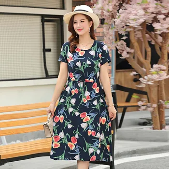 Nuevo vestido de Verano de 2019 de la moda de manga corta o-cuello casual de las mujeres vestido vintage de la impresión floral vestidos de mujer más el tamaño