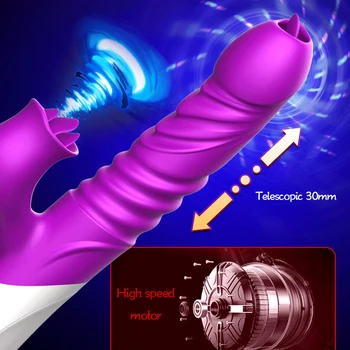 Vibrador del conejo Telescópica Lengua lamer, Doble motor de punto g estimulador de clítoris calefacción consolador de Silicona Adulto juguetes sexuales para mujeres