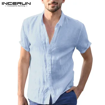 Moda de verano para Hombre Camisa de Solapa Cuello de la Ropa de Manga Corta Botón de Algodón Tops Camisas Casuales de los Hombres 2021 Camisa Masculina INCERUN