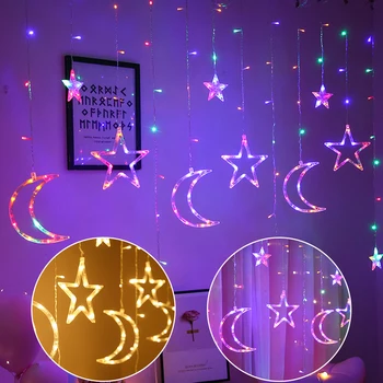 Cortina de LED Cadena de Luces con Estrellas, de la Luna 8 Modos de Iluminación Twinkle la Decoración del Hogar, Luces para el Dormitorio de la Boda de san Valentín Telón de fondo D30