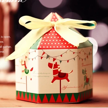 (20 piezas/lote) de la Ducha del Bebé Merry-Go-Round de Caramelo de la Caja Con Cinta de Hexágono Carruseles Caja de Galletas de Navidad Caja de Regalo de Cumpleaños B014