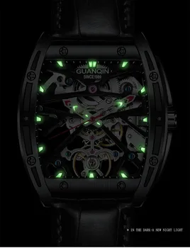 Nueva GUANQIN de Doble Cara Hueca Reloj Mecánico de los Hombres Luminoso de Zafiro de los Hombres a prueba de agua de Esqueleto Reloj de Cuero de los Relojes Automáticos