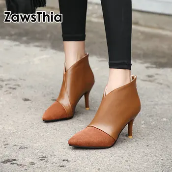 ZawsThia 2020 invierno mujer delgada tacones V diseño de corte en punta sexy bombas de las señoras de la cremallera botas de tobillo para las mujeres el tamaño de la 33-46