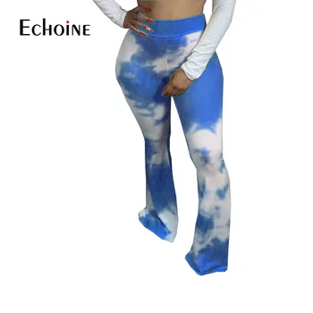 Echoine Nuevo Tie-Dye Galaxia de Impresión de las Mujeres de Ancho de la Pierna de la Llamarada de Pantalones de Cintura Alta de la Campana-fondos de Pantalones Streerwear Drapeado Jogger Deportivos