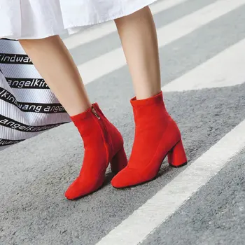 ZawsThia 2020 invierno nuevo tramo de tela de mujer botines de bloque con botas de tacón alto para las mujeres de color sólido rojo de tobillo botas de gran tamaño 33-48