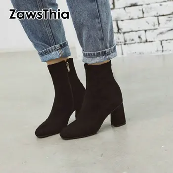 ZawsThia 2020 invierno nuevo tramo de tela de mujer botines de bloque con botas de tacón alto para las mujeres de color sólido rojo de tobillo botas de gran tamaño 33-48