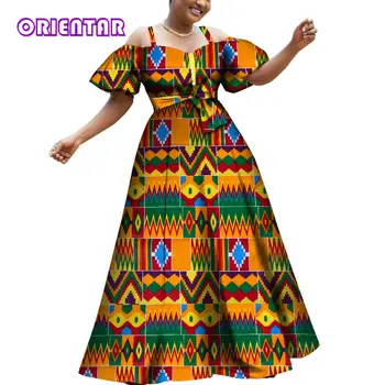 2020 las Mujeres Africanas Vestidos de Moda de los Hombros Fuera de Puff Manga de Fiesta Vestido de Bola de estampados Africanos de Algodón Señora de Largo Dashiki Vestido WY3609