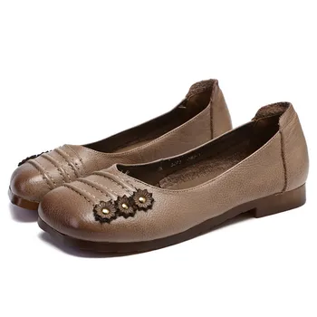 SOCOFY de Mujer de Estilo Vintage de Cuero Suave Mocasines Plegable Floral Resbalón En el Dedo del pie Cuadrado Plano Casual al aire libre de los Zapatos del Barco de 2020