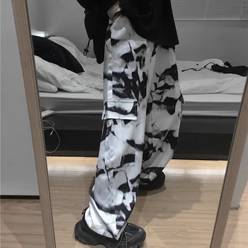 Harajuku Pantalones de las Mujeres de Verano Retro Unisex Tamaño Más Flojo de Ancho de la Pierna de los Pantalones de Bolsillos Sobredimensionados Tinte del lazo para Mujer de la Ropa Casual Nueva