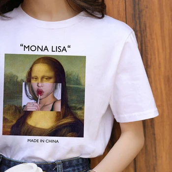Nueva Mona Lisa Estética Harajuku Camiseta de las Mujeres Ullzang 90 Vintage T-shirt Estilo coreano de la Camiseta de la Parodia de la Personalidad de la parte Superior Camisetas Mujer