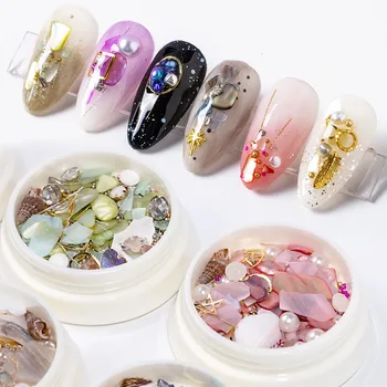 HYTOOS 6 Cajas/set de Nail Art Decoraciones de Concha de Perla de Uñas de Lentejuelas Color Mezclado diamantes de Imitación de la Joyería Accesorios de Manicura Herramienta