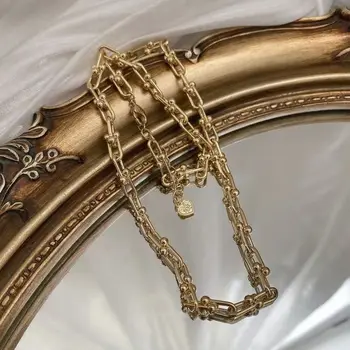 Francés Retro Cadena de Vínculo de agua Dulce Natural de la Perla Colgante de Collares para las Mujeres de las Señoras del Color del Oro de la Cadena de Multicapas de Gargantilla