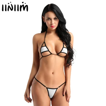 Iiniim Womens Bikini Conjunto de Lencería Micro Sujetador de Bikini de la parte Superior con los Escritos de Fondos Sexy Íntimo de Parte de las Señoras Mujeres Clubwear ropa de playa