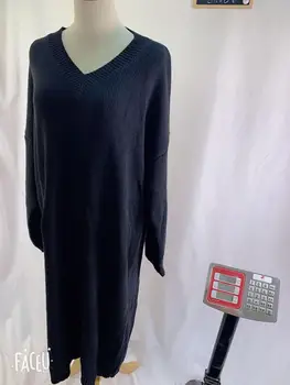 Nueva cosecha v cuello Suéter negro de las Mujeres se visten de Invierno Suéter Largo de Punto Vestidos sueltos Maxi Oversize, Vestidos Túnica Larga Vestidos