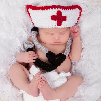 Bebé recién nacido Niño Niña Crochet Traje de Punto Trajes de Bebé de la Fotografía Props Enfermera Cap Set Recién nacido la fotografía props