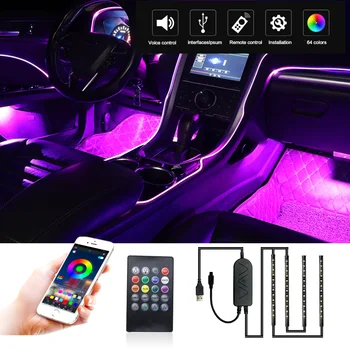 Ambiente del automóvil Tira de Luces LED de 2-en-1 de Diseño 4pcs 48 LED Remoto y Controlador de APP Impermeable Multi Color de BRICOLAJE de Música de Coche Kits de Luz