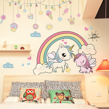 [shijuekongjian] Animales de dibujos animados Pegatinas de Pared DIY Rainbow Unicorn Caballo de vinilos para la Casa, Habitaciones de los Niños de la Guardería de la Decoración